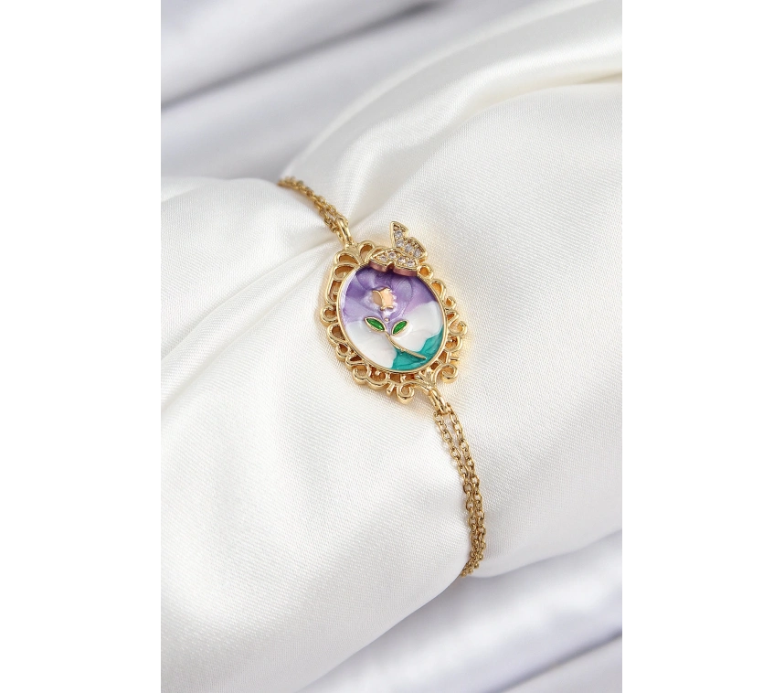 316L Çelik Zincir Mineli Sanatsal Portre Zirkon Taşlı Kelebek Detaylı Çiçek Model Gold Renk Kadın Bileklik