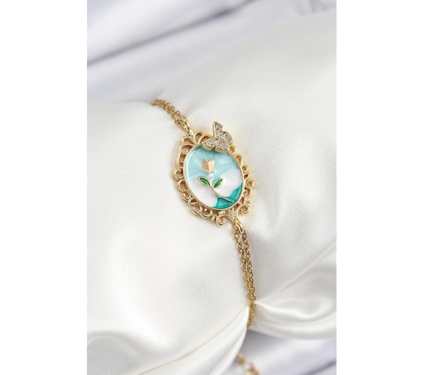 316L Çelik Zincir Mineli Sanatsal Portre Zirkon Taşlı Kelebek Detaylı Çiçek Model Gold Renk Kadın Bileklik