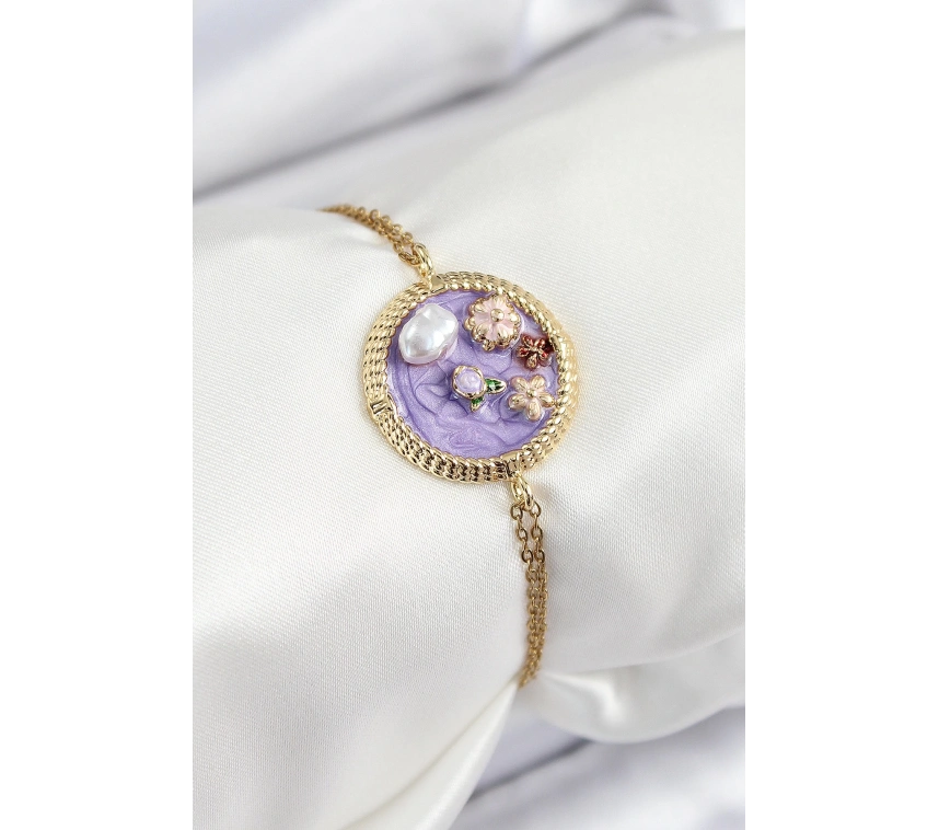 316L Çelik Zincir Mor Mineli Sanatsal Portre İnci Detaylı Çiçek Model Gold Renk Kadın Bileklik