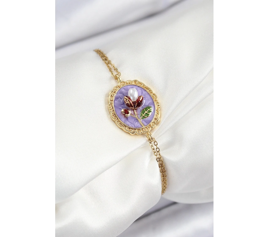 316L Çelik Zincir Mor Mineli Sanatsal Portre İnci Detaylı Lale Model Gold Renk Kadın Bileklik