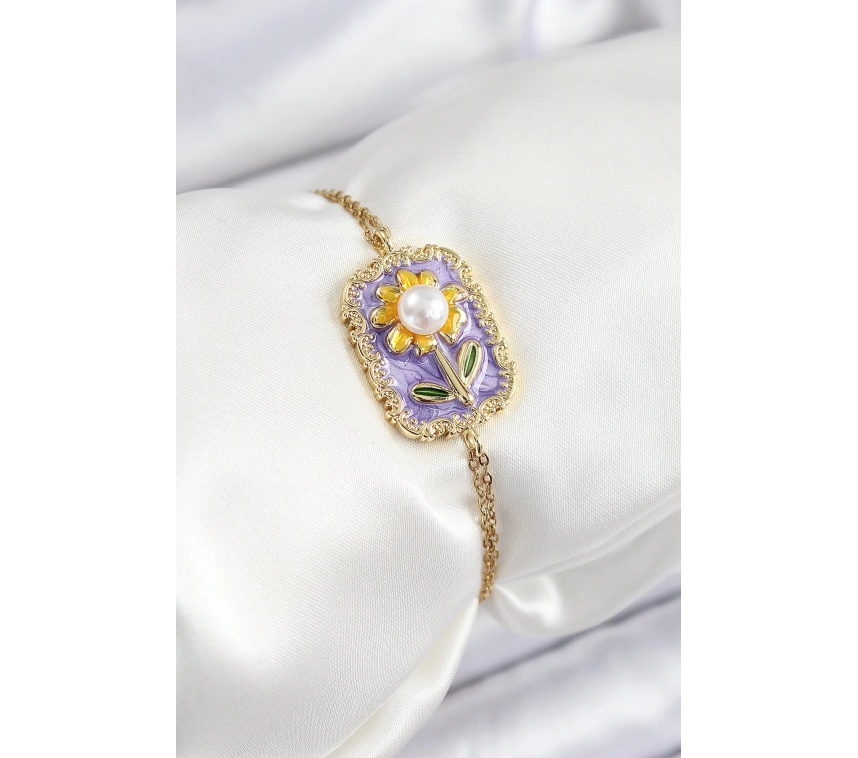 316L Çelik Zincir Mor Mineli Sanatsal Portre İnci Detaylı Papatya Model Gold Renk Kadın Bileklik