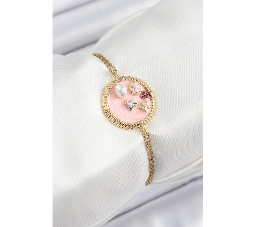 316L Çelik Zincir Pembe Mineli Sanatsal Portre İnci Detaylı Çiçek Model Gold Renk Kadın Bileklik