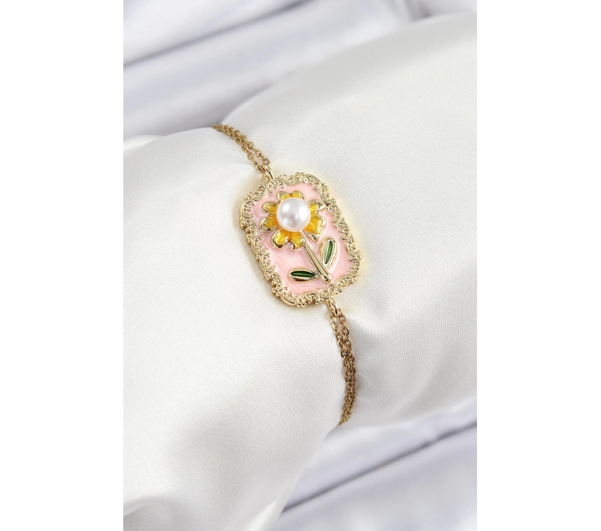 316L Çelik Zincir Pembe Mineli Sanatsal Portre İnci Detaylı Papatya Model Gold Renk Kadın Bileklik