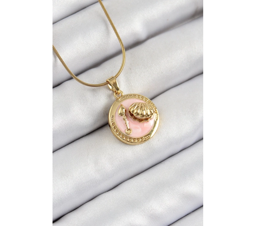 316L Çelik Zincir Pembe Mineli Sanatsal Portre İstiridye Model Gold Renk Kadın Kolye