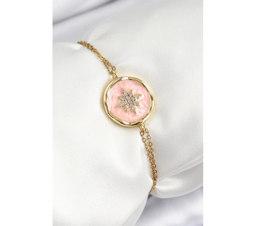 316L Çelik Zincir Pembe Mineli Sanatsal Portre Kuzey Yıldızı Model Gold Renk Kadın Bileklik