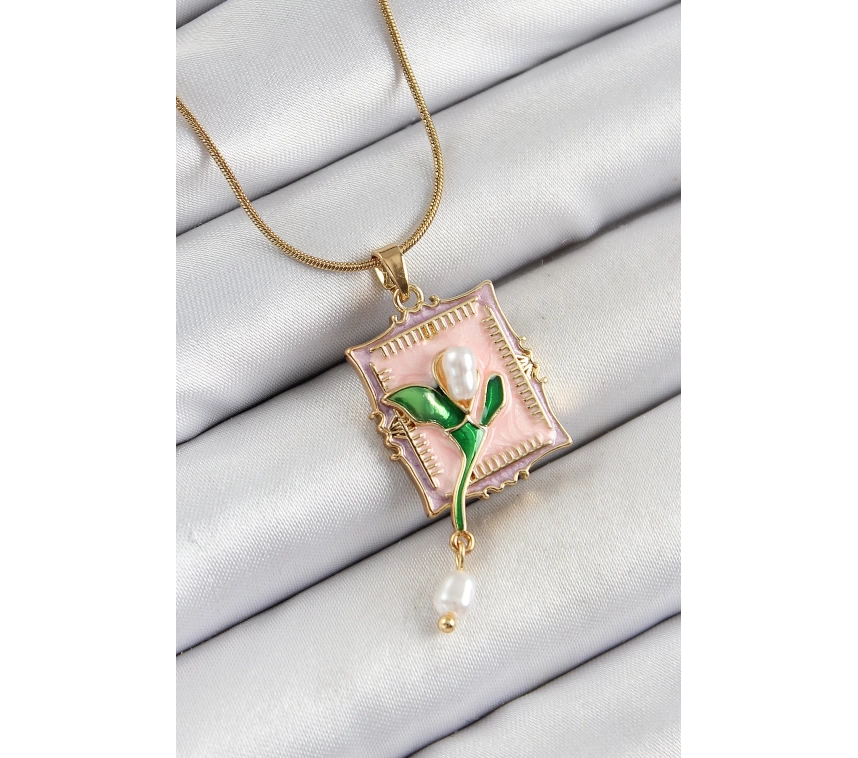 316L Çelik Zincir Pembe Sanatsal Portre Sallantılı İnci Detaylı Lale Model Gold Renk Kadın Kolye