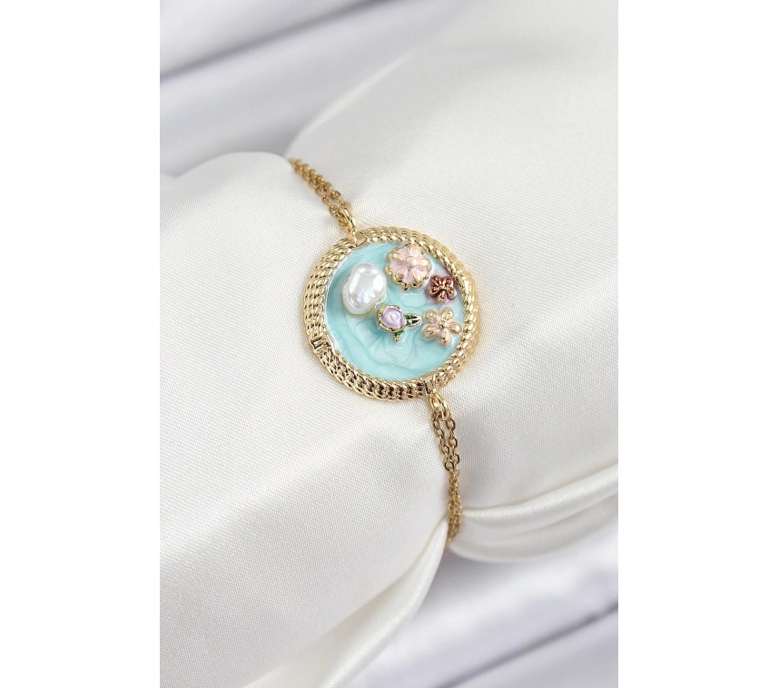 316L Çelik Zincir Turkuaz Mineli Sanatsal Portre İnci Detaylı Çiçek Model Gold Renk Kadın Bileklik