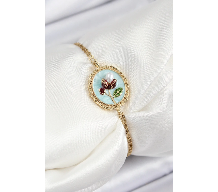 316L Çelik Zincir Turkuaz Mineli Sanatsal Portre İnci Detaylı Lale Model Gold Renk Kadın Bileklik