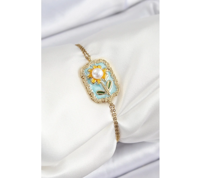 316L Çelik Zincir Turkuaz Mineli Sanatsal Portre İnci Detaylı Papatya Model Gold Renk Kadın Bileklik