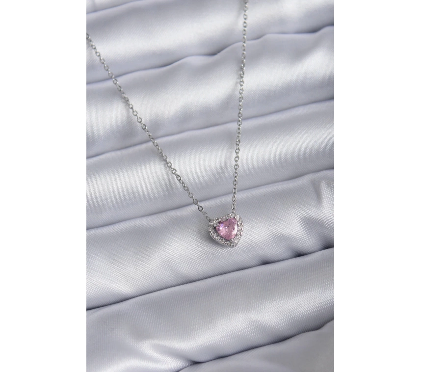 316L Çelik Zincirli Gümüş Renk Pembe Zirkon Taşlı Charm Kadın Kolye