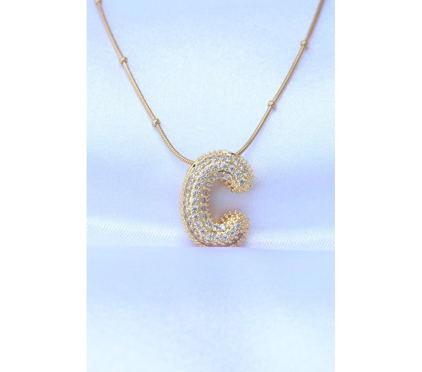 316L Çelik Zincirli Zirkon Taşlı C Harfli Gold Renk Bubble Kolye