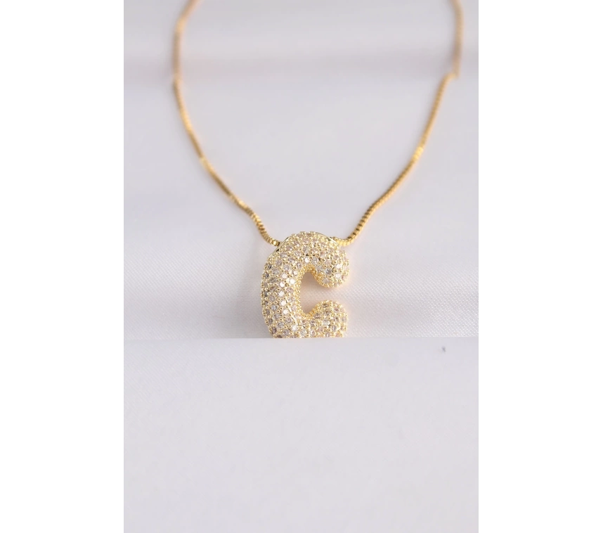 316L Çelik Zincirli Zirkon Taşlı C Harfli Gold Renk Bubble Kolye