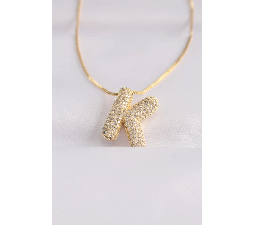 316L Çelik Zincirli Zirkon Taşlı K Harfli Gold Renk Bubble Kolye