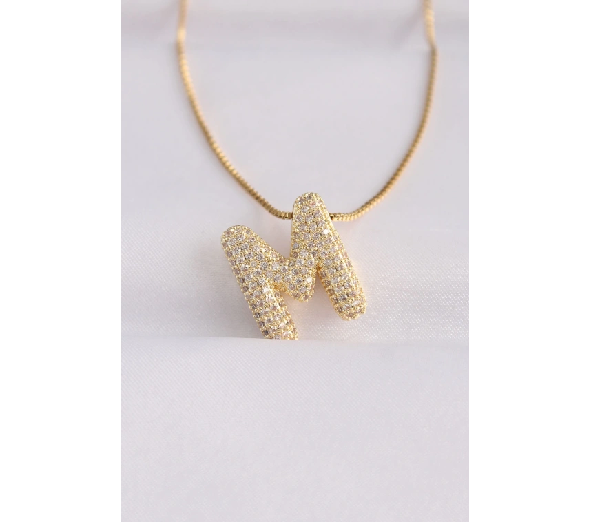 316L Çelik Zincirli Zirkon Taşlı M Harfli Gold Renk Bubble Kolye