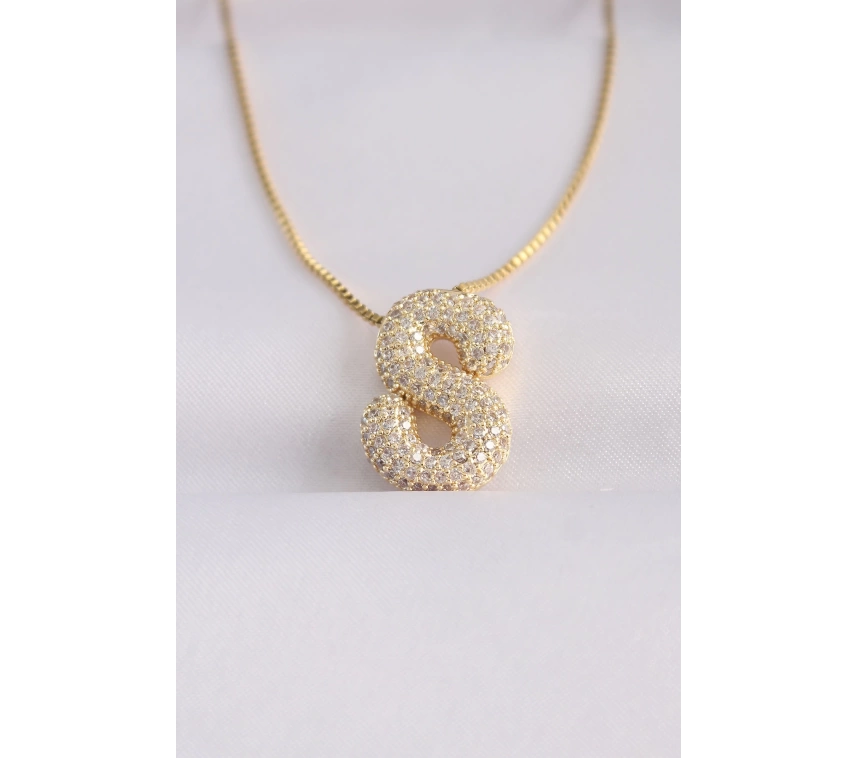316L Çelik Zincirli Zirkon Taşlı S Harfli Gold Renk Bubble Kolye