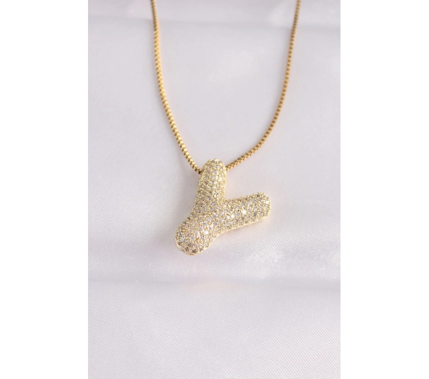 316L Çelik Zincirli Zirkon Taşlı Y Harfli Gold Renk Bubble Kolye