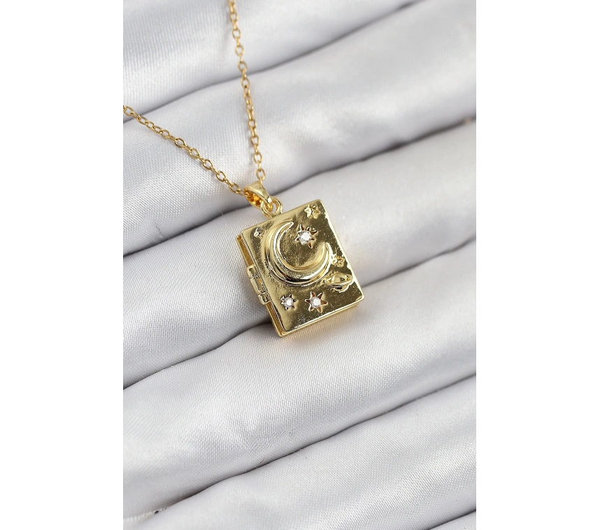 316L Çelik Zirkon Taşlı Açılabilr Kapaklı Kitap Model Gold Renk Kadın Kolye