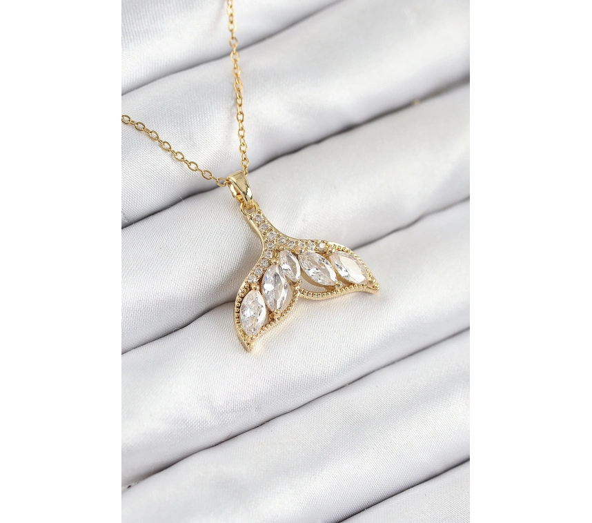 316L Çelik Zirkon Taşlı Balık Kuyruğu Model Gold Renk Kadın Kolye