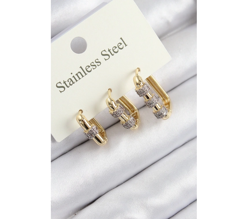 316L Çelik Zirkon Taşlı Dikdörtgen Model Gold Renk 3lü Set Kadın Küpe