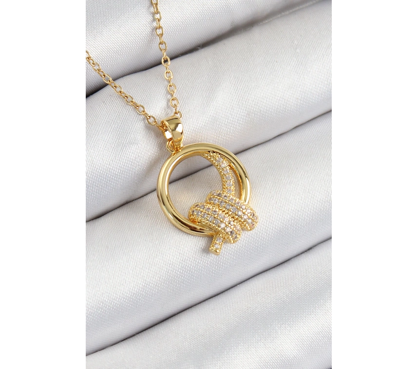 316L Çelik Zirkon Taşlı Düğüm Model Gold Renk Kadın Kolye