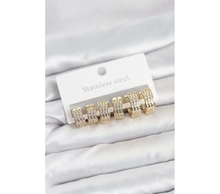 316L Çelik Zirkon Taşlı Gold Halka Küpe Seti