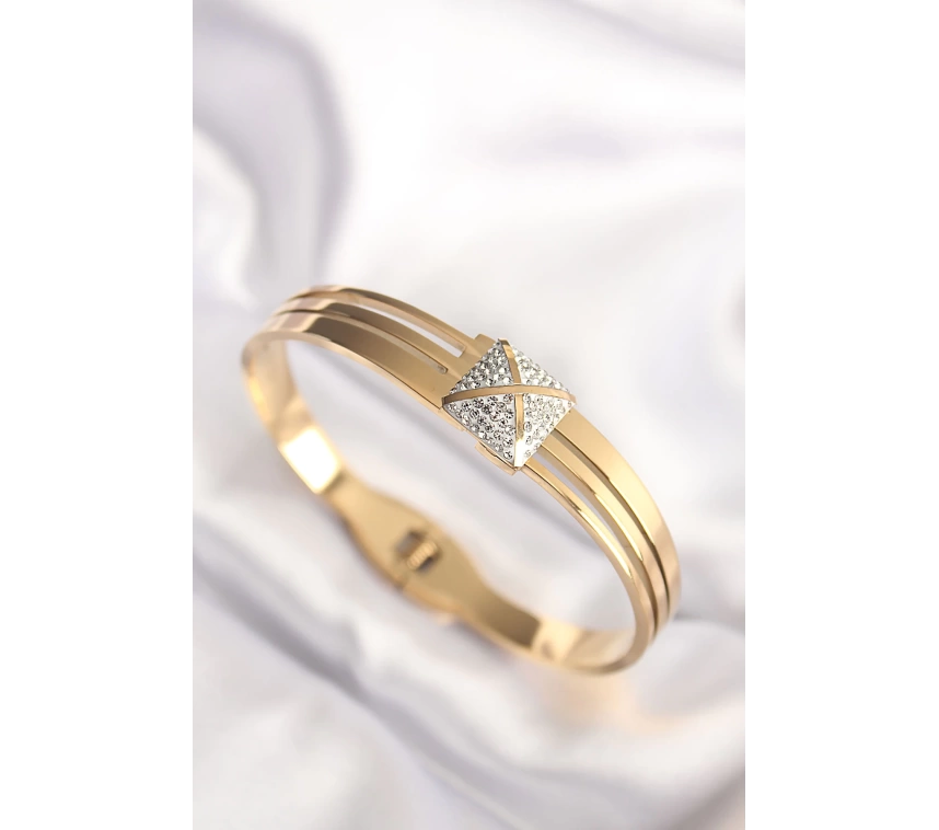 316L Çelik Zirkon Taşlı Gold Renk Kadın Kelepçe Bilezik
