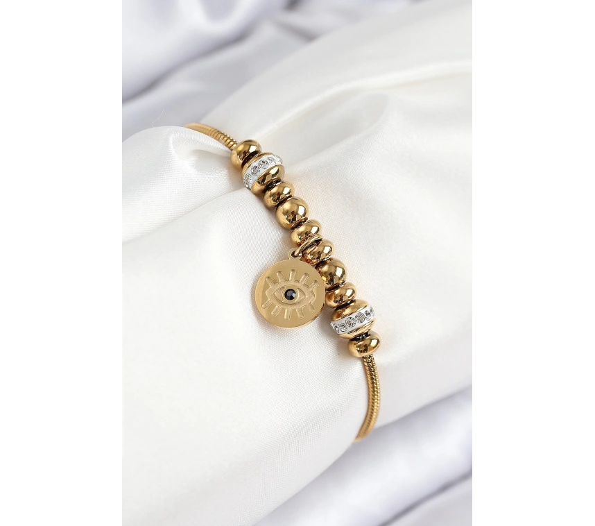 316L Çelik Zirkon Taşlı Göz Charm Model Gold Renk Kadın Bileklik