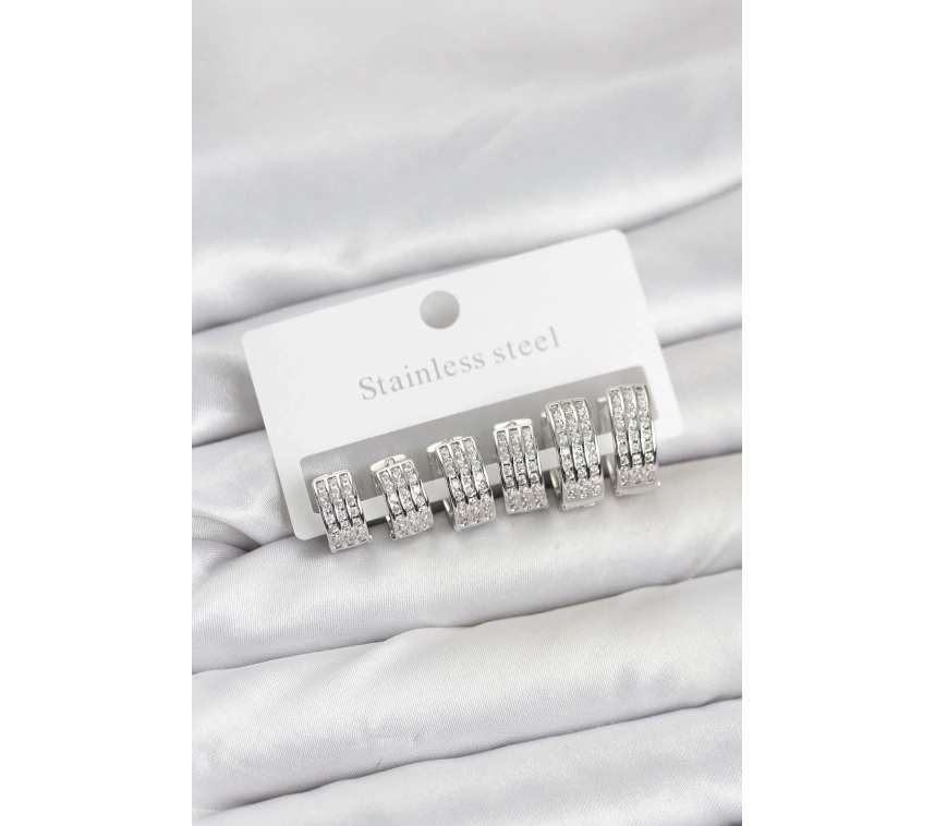 316L Çelik Zirkon Taşlı Gümüş Renk Halka Küpe Seti