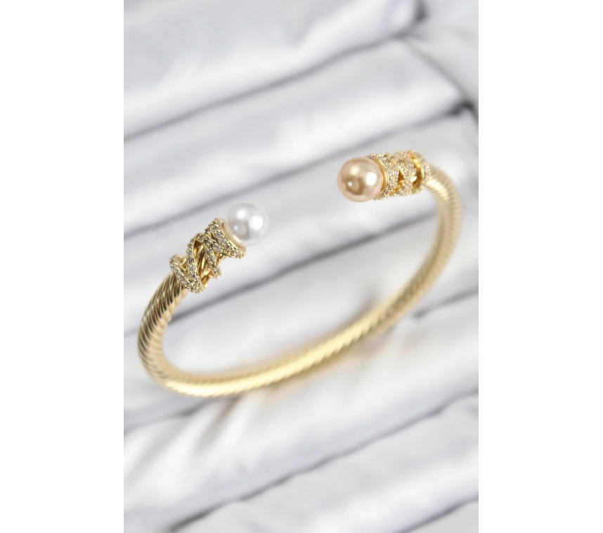 316L Çelik Zirkon Taşlı İnci Model Gold Renk Kadın Bileklik