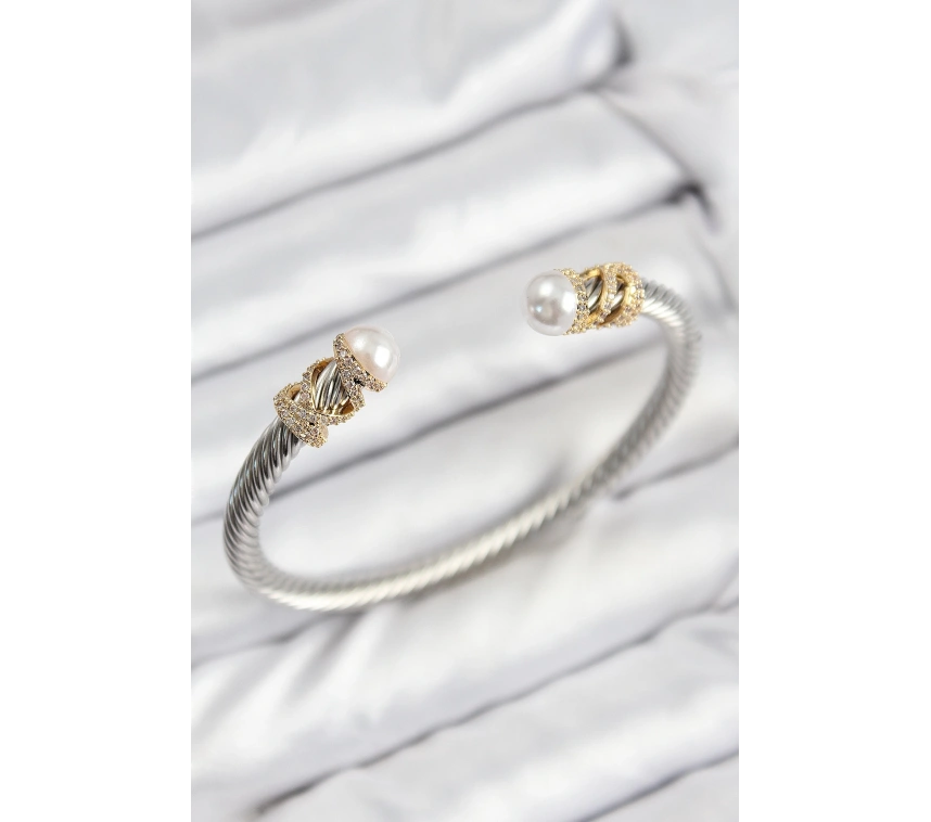 316L Çelik Zirkon Taşlı İnci Model Gold Ve Gümüş Renk Kadın Bileklik
