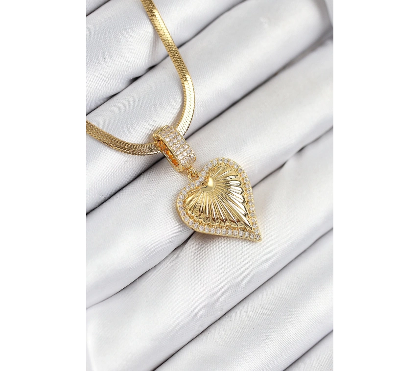 316L Çelik Zirkon Taşlı Kalp Model Gold Renk Kadın Kolye