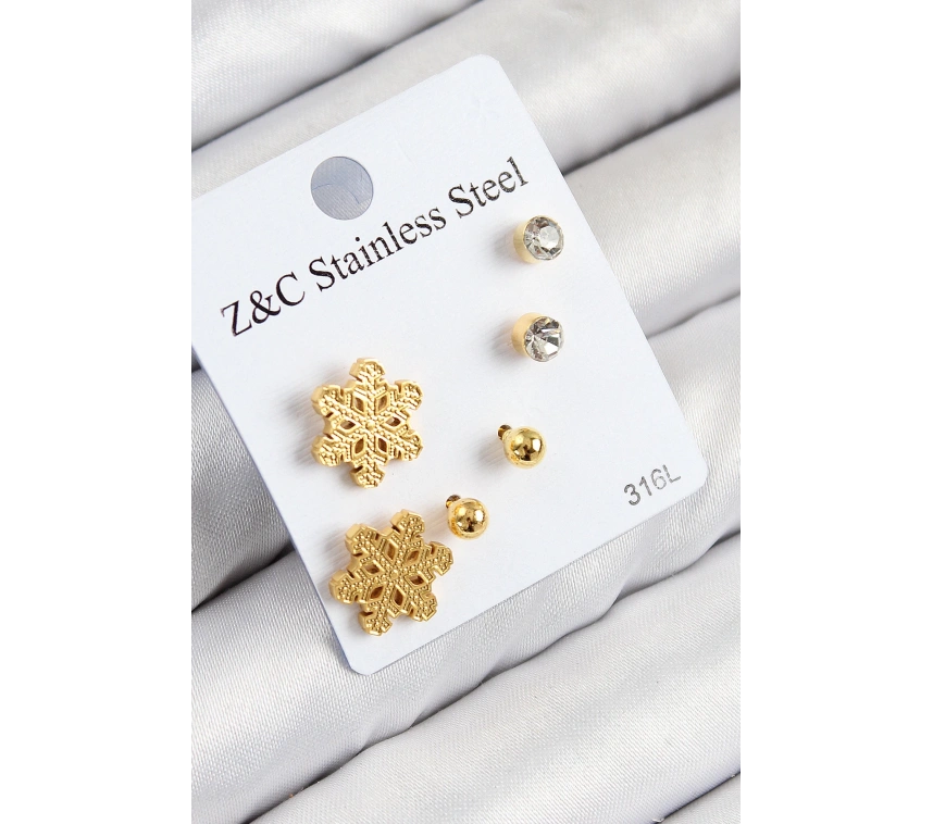 316L Çelik Zirkon Taşlı Kar Tanesi Model Gold Renk Kadın Set Küpe