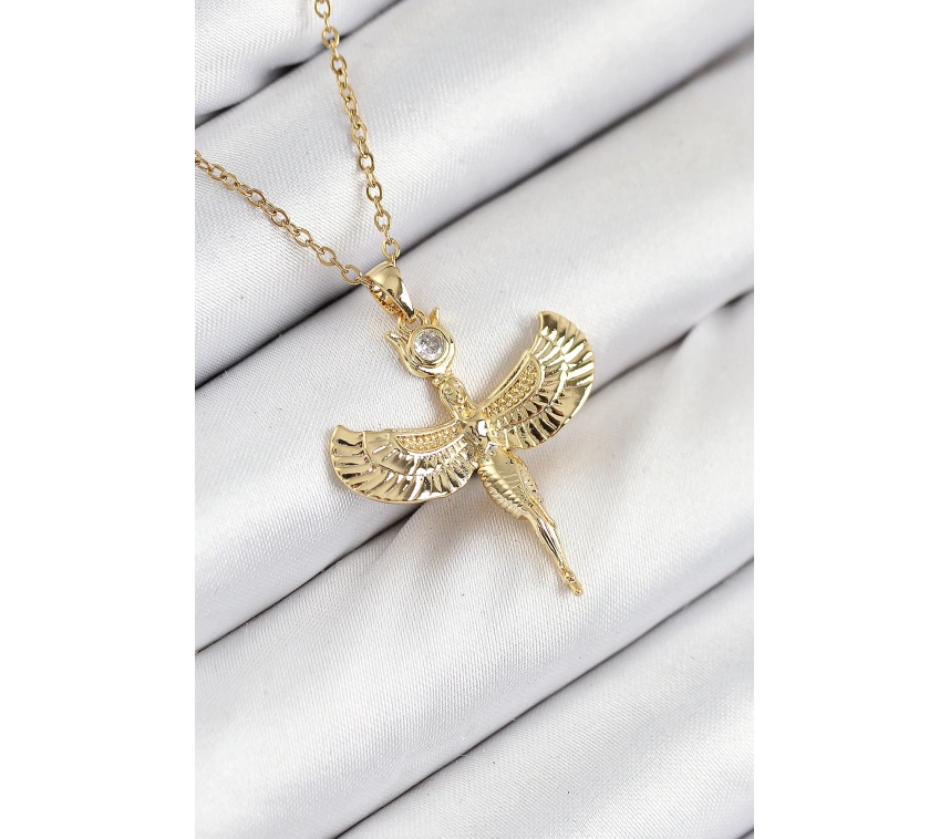 316L Çelik Zirkon Taşlı Melek Model Gold Renk Kadın Kolye