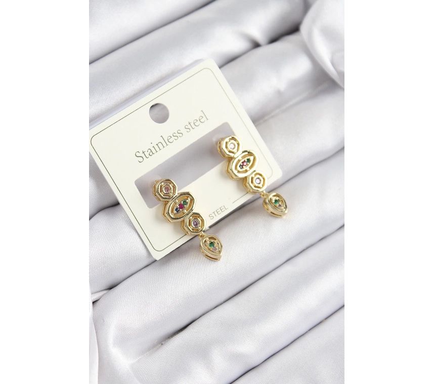 316L Çelik Zirkon Taşlı Sallantılı Geometrik Model Gold Renk Kadın Küpe