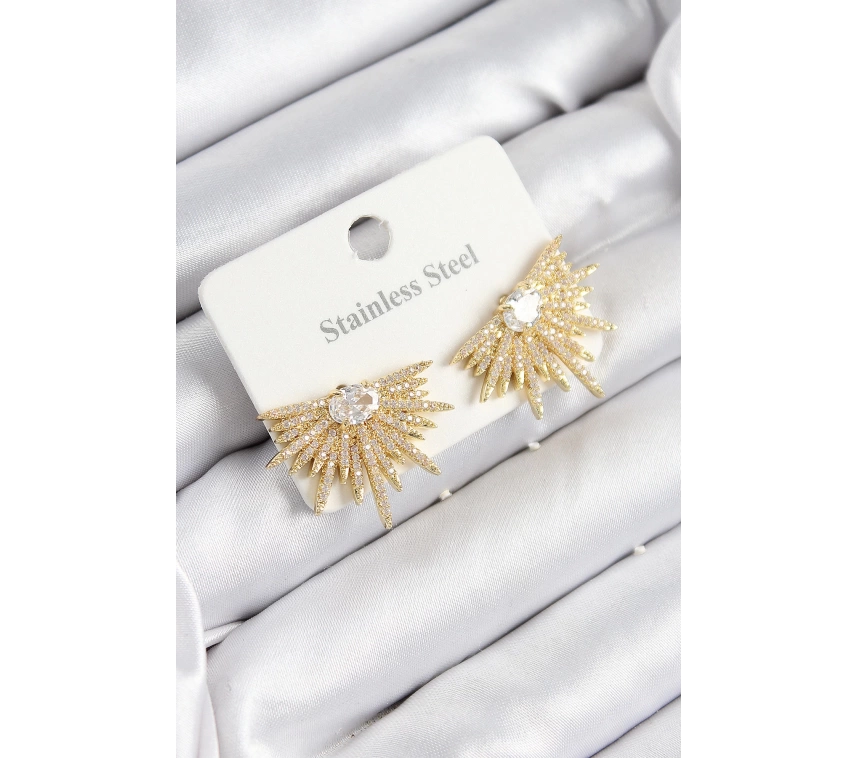 316L Çelik Zirkon Taşlı Yelpaze Model Gold Renk Kadın Küpe