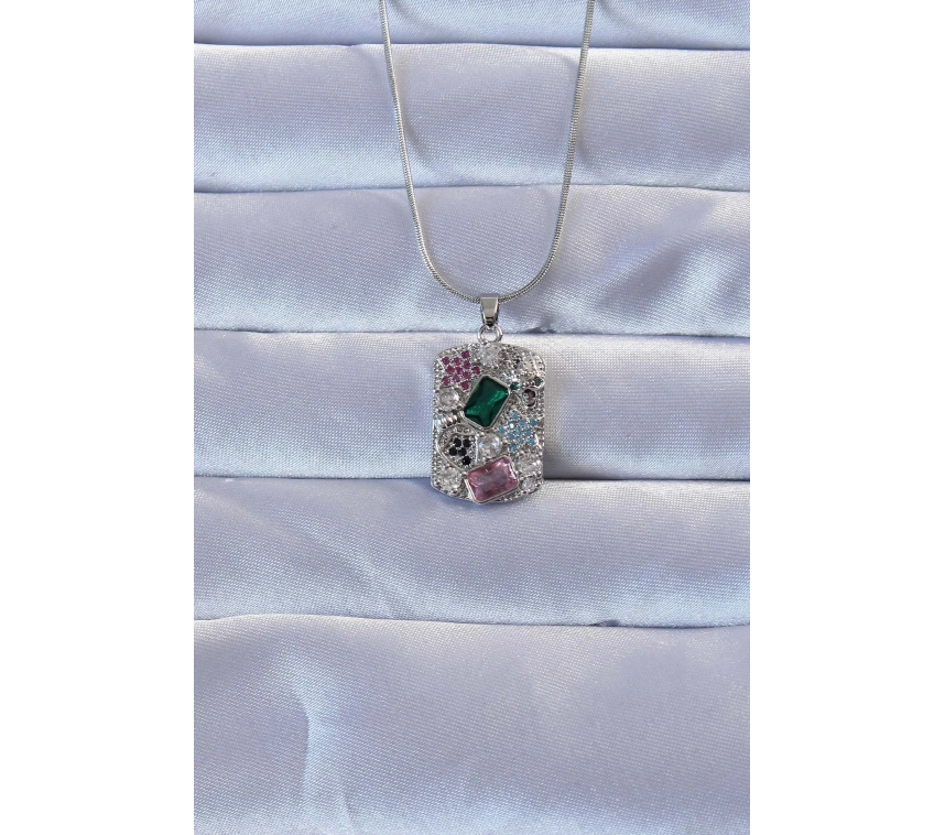 316L Gümüş Renk Çok Renkli Zirkon Taşlı Vintage Kolye