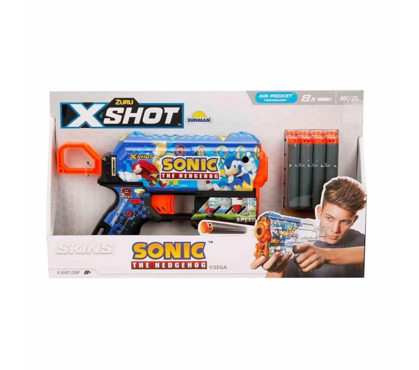 36648 X-Shot Skins Flux Sonic The Hedgehog 8 Mermili Sünger Dart Atan Silah 21 cm -Sunman