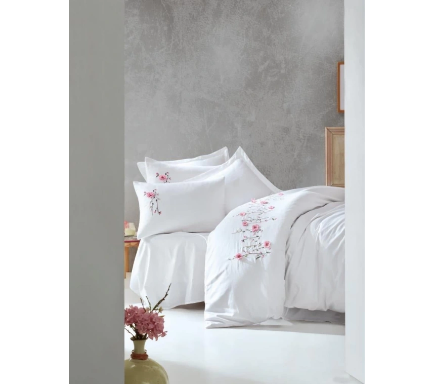 3D Nakışlı Çift Kişilik Saten Nevresim Takımı Perla Beyaz