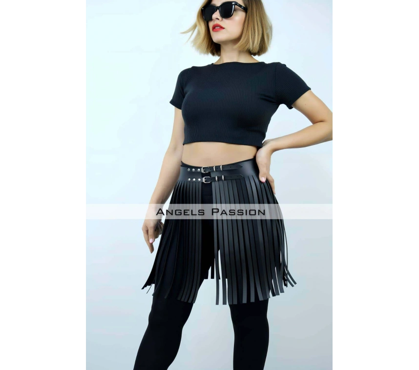 47 Cm Şık Püsküllü Deri Etek, Şort Üzeri Püsküllü Etek, Püsküllü Şık Mini Etek - Brf1401