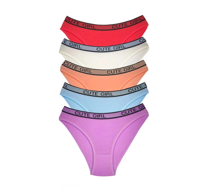 5 Adet Beli Yazılı Pamuklu Kalın Lastik Kadın Slip Külot