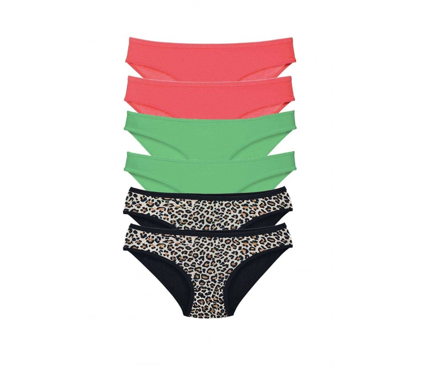 6 Adet Likralı Kadın Slip Külot Leopar Fuşya Yeşil