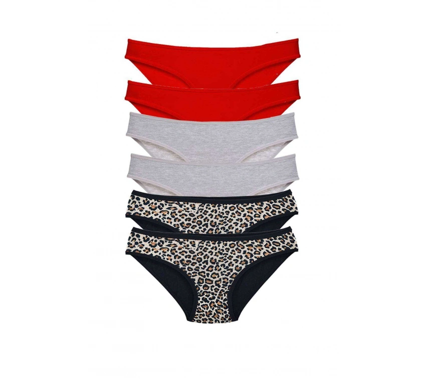 6 Adet Likralı Kadın Slip Külot Leopar Kırmızı Gri