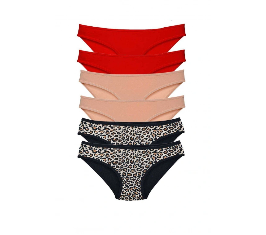 6 Adet Likralı Kadın Slip Külot Leopar Kırmızı Ten