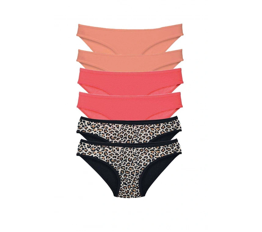 6 Adet Likralı Kadın Slip Külot Leopar Pudra Fuşya