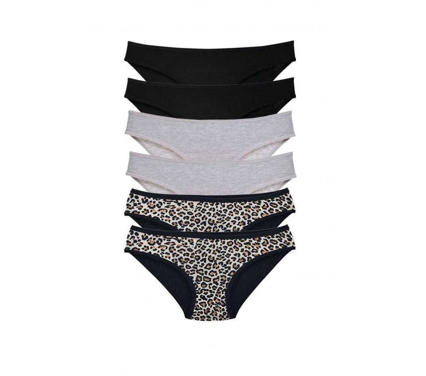 6 Adet Likralı Kadın Slip Külot Leopar Siyah Gri