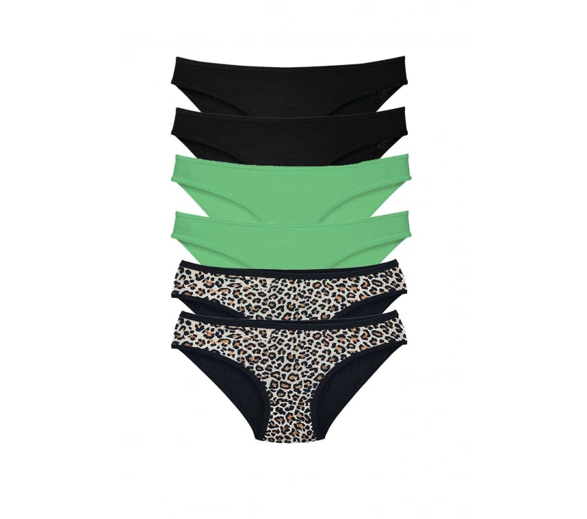 6 Adet Likralı Kadın Slip Külot Leopar Siyah Yeşil