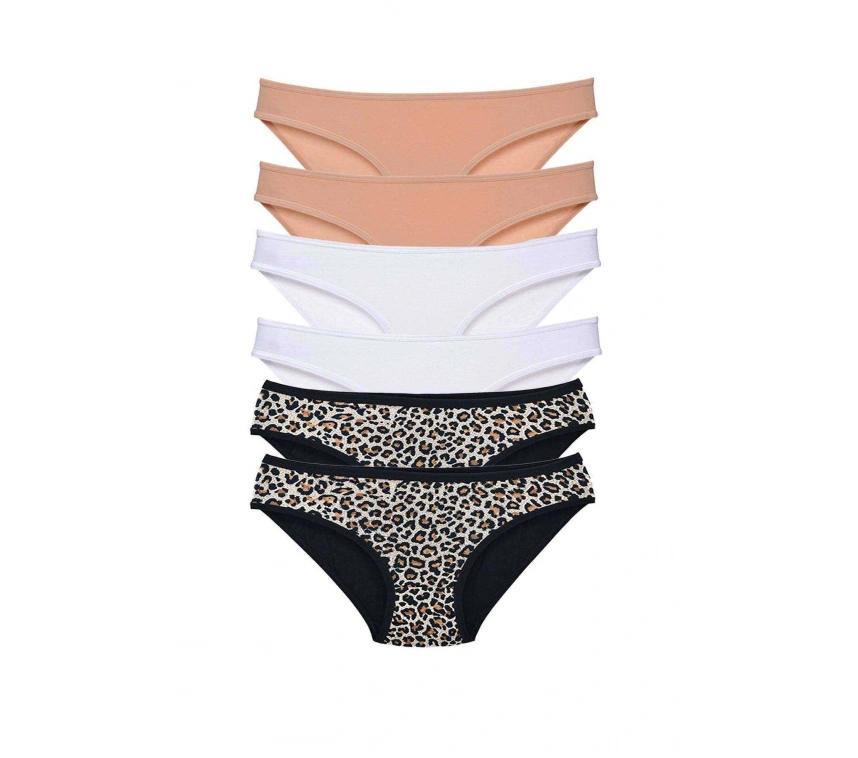 6 Adet Likralı Kadın Slip Külot Leopar Ten Beyaz