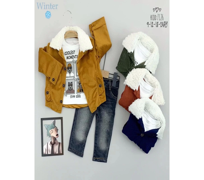 9-12-18-24 Ay Düğme Kapamalı Yakalı Ceket Uzun Kollu Sweatli Kot Pantolonlu 3lü Erkek Bebek Takımı