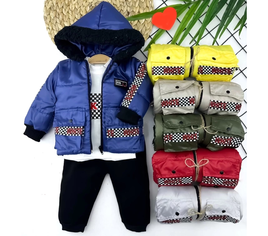 9-12-18-24 Ay Kapşonlu Fermuarlı Mont Pantolon Uzun Kollu Sweatli 3lü Kız Erkek Bebek Takımı