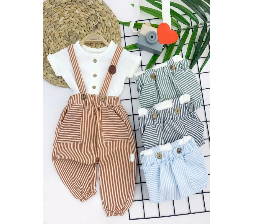 9-12-18-24 Ay Pamuk Keten Cepli Çizgili 2li Erkek Bebek Salopet Takımı Yeşil